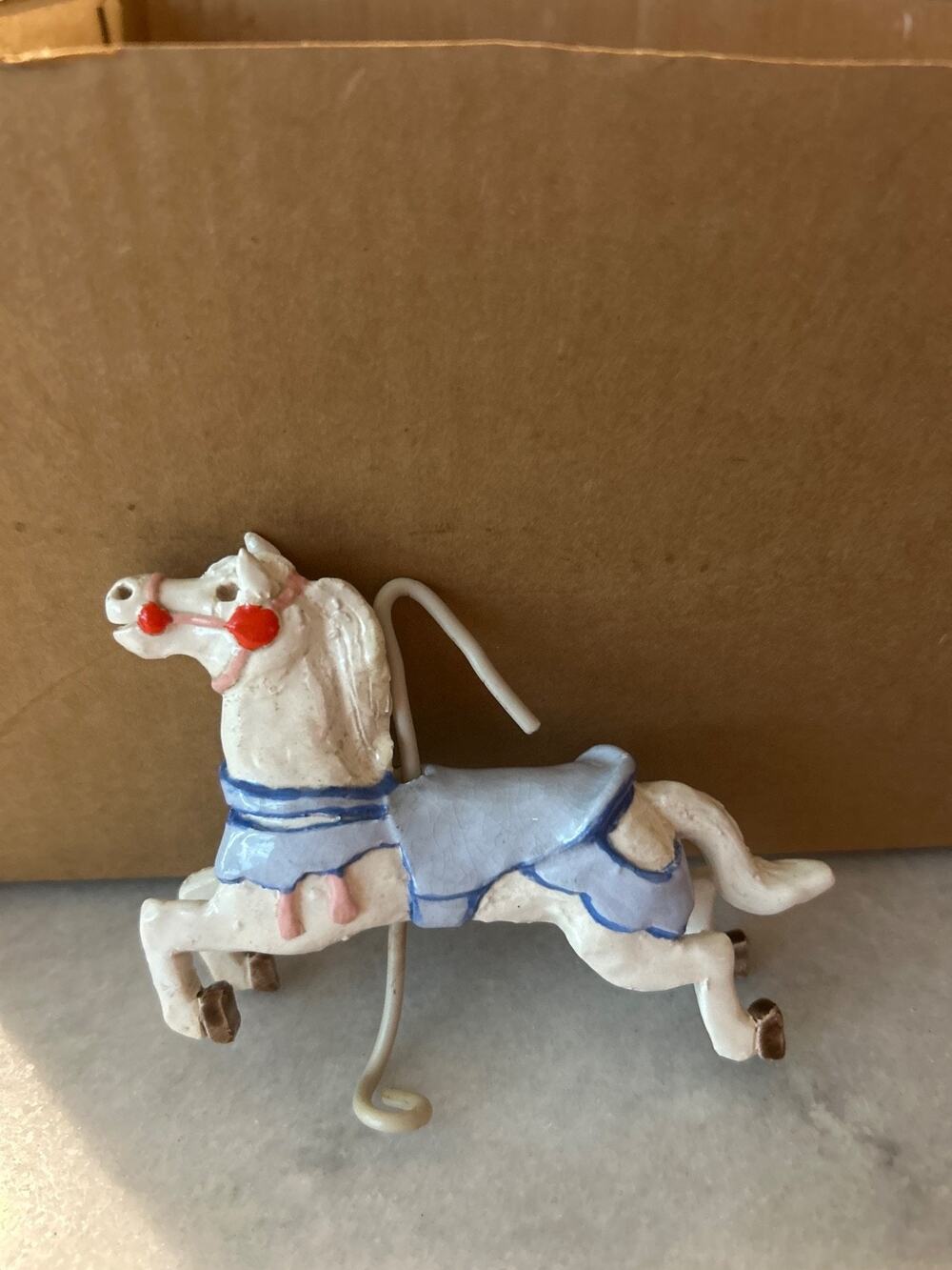 Vintage Carousel Horse Ornament Metal Pastel Blue White Retro Holiday Decor